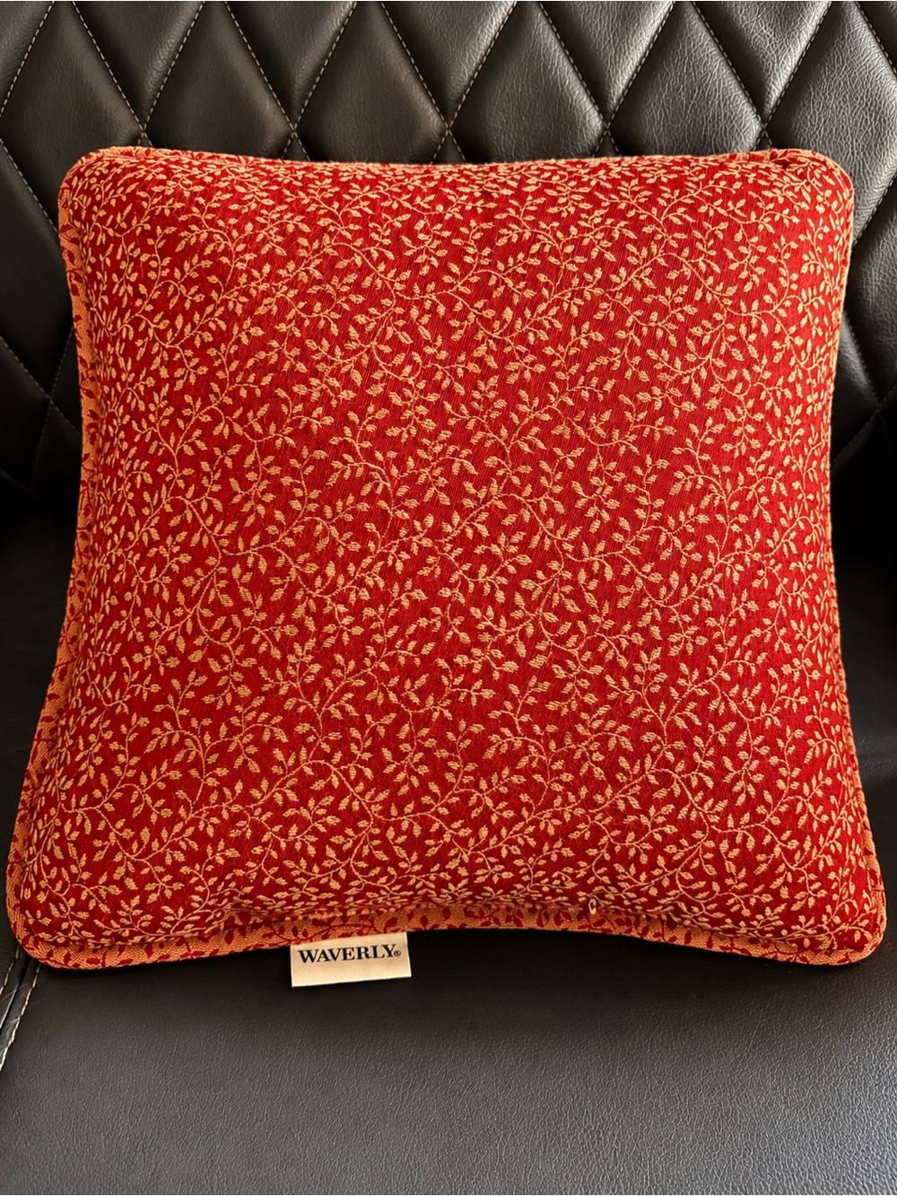 Waverly Red Gold Floral Formal Accent Pillow 14.5” Square Piped Upholstered